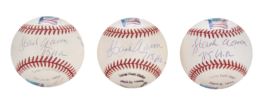 Lot of (3) Hank Aaron Signed ONL Baseballs with "715 HR" Inscriptions LE/2000 (PSA/DNA)